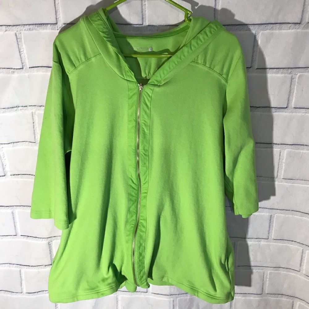 SPORT SAVVY Womens Plus Size 1X Green Activewear Zip Front Hooded Jacket 3/4 sl